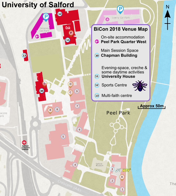 Peel Park Campus map showing the BiCon buildings